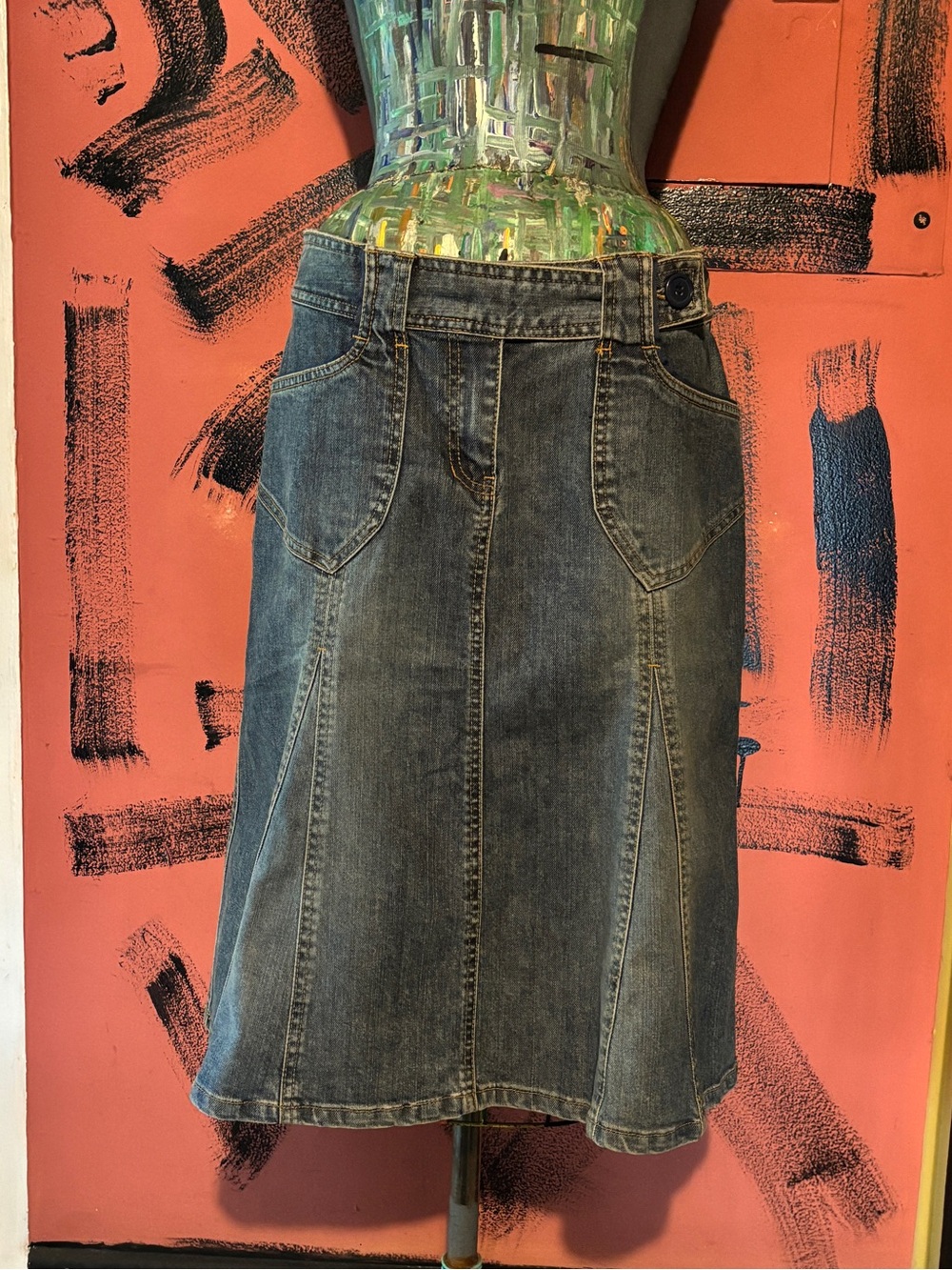 H&M Blue Denim A-Line Midi Skirt